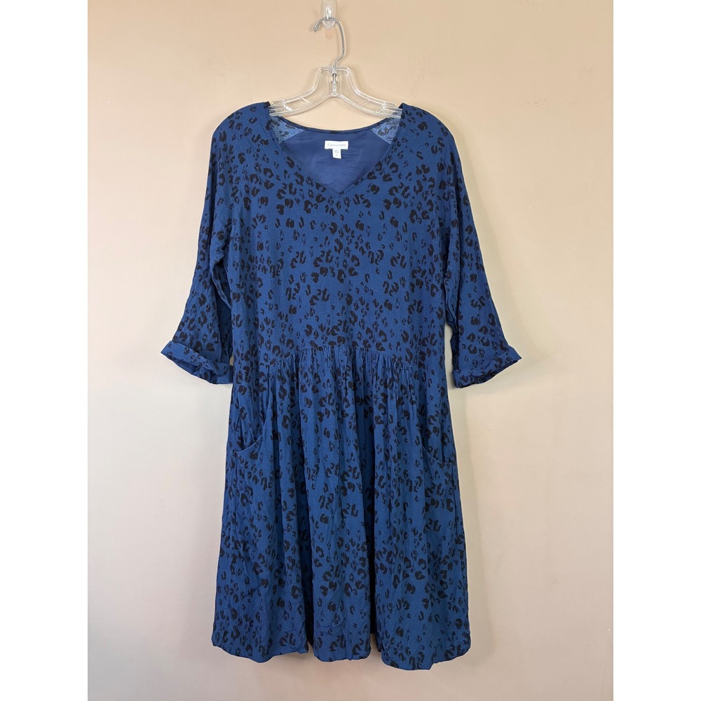 Garnet Hill Blue Leopard Print V-Neck 3/4 Sleeve Pocket Dress Size 8 RN102816